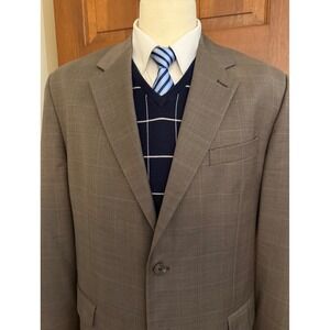 Chaps Windowpane Sport Coat‎ Mens 46L Brown Wool Two-Button Blazer Jacket